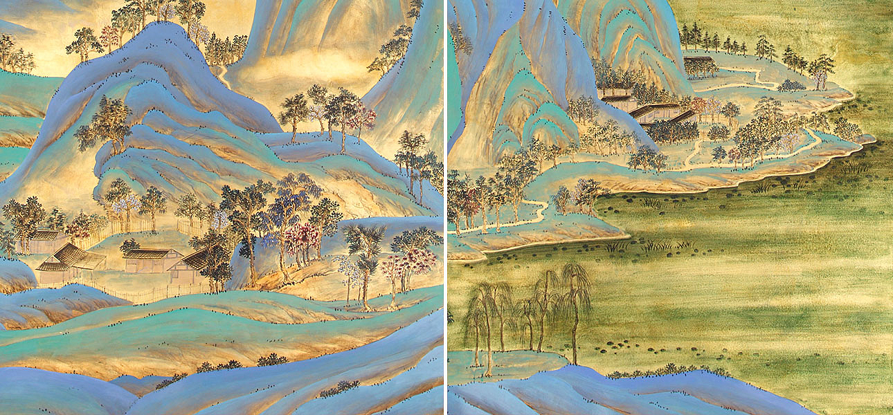 Обои ручная роспись A Thousand Li of Rivers and Mountains Original colourway on Deep Rich Gold gilded paper with gold pearlescent antiquing Обои ручная роспись A Thousand Li of Rivers and Mountains Original colourway on Deep Rich Gold gilded paper with gold pearlescent antiquing - Loft-Concept в Кирове