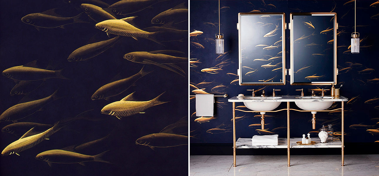 Обои ручная роспись Fishes Colourway SC-99 on blue Williamsburg Обои ручная роспись Fishes Colourway SC-99 on blue Williamsburg - Loft-Concept в Кирове