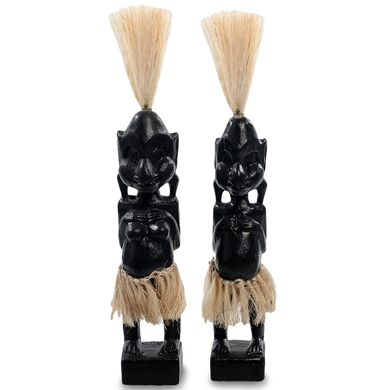 Комплект из 2-х деревянных статуэток Asmat Straw Headdress Statuettes Black Черный Бежевый в Кирове | Loft Concept 
