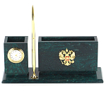 Настольный письменный набор с гербом России и часами из природного камня змеевик Successful Leader варинант исполнения - 1 | Loft Concept в Кирове