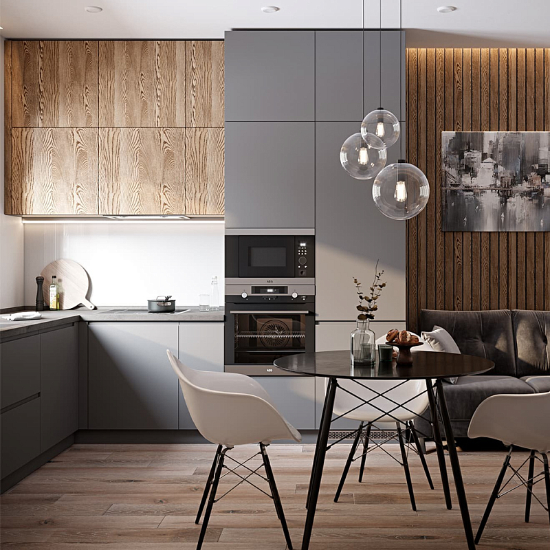 Серый матовый кухонный гарнитур с фасадом под дерево Vincens Kitchen Set Серый Ясень в Кирове | Loft Concept 