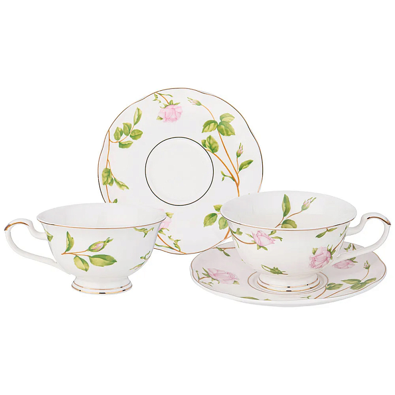 Чайный набор из фарфора белый с цветочным принтом на 2 персоны 4 предмета Flower Porcelain Collection Белый Мульти в Кирове | Loft Concept 