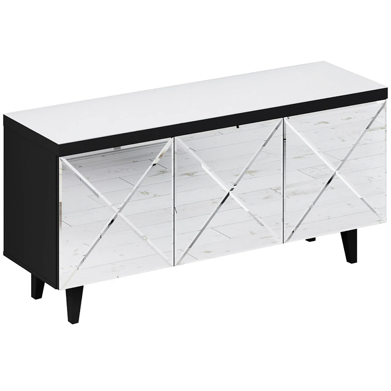 Длинная тумба с зеркальным декором Arden Cabinet Черный Белый Зеркало Длинная тумба с зеркальным декором Arden Cabinet Черный Белый Зеркало в Кирове | Loft Concept