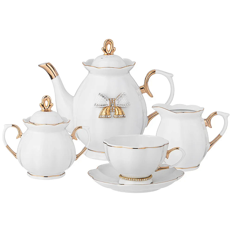 Чайный сервиз из фарфора со стразами на 6 персон 15 предметов Shine Porcelain Белый Золотой Чайный сервиз из фарфора со стразами на 6 персон 15 предметов Shine Porcelain Белый Золотой в Кирове | Loft Concept