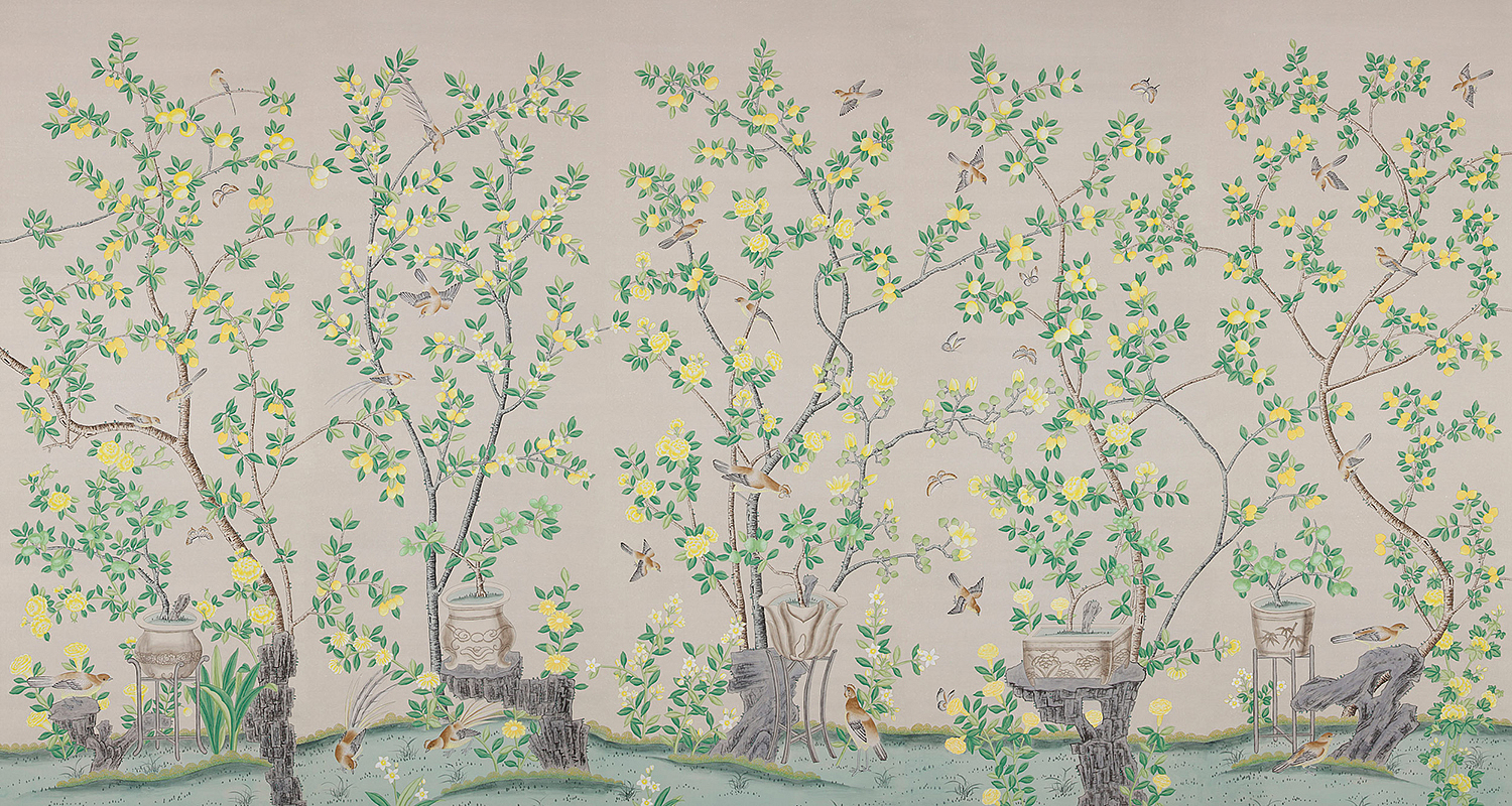 Обои ручная роспись Jardinieres & Citrus Trees Silver metallic Обои ручная роспись Jardinieres & Citrus Trees Silver metallic - Loft-Concept в Кирове