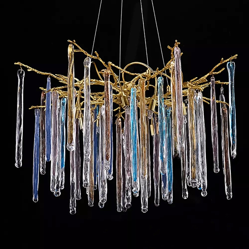 Люстра на подвесе с каркасом из металла и цветными подвесками из стекла Droplet Chandelier Золотой Прозрачный Голубой Янтарный Люстра на подвесе с каркасом из металла и цветными подвесками из стекла Droplet Chandelier Золотой Прозрачный Голубой Янтарный в Кирове | Loft Concept