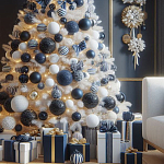 Украшенная Белая Новогодняя Елка с сине-белыми шарами и и муляжами подарков в комплекте варинант исполнения - 2 | Loft Concept в Кирове