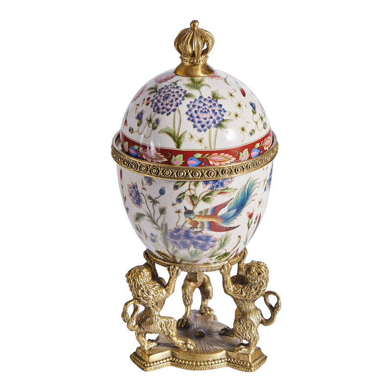 Шкатулка в форме яйца на величественных львах из фарфора с бронзовыми элементами Eden Garden Белый Черный Бронза Мульти в Кирове | Loft Concept 