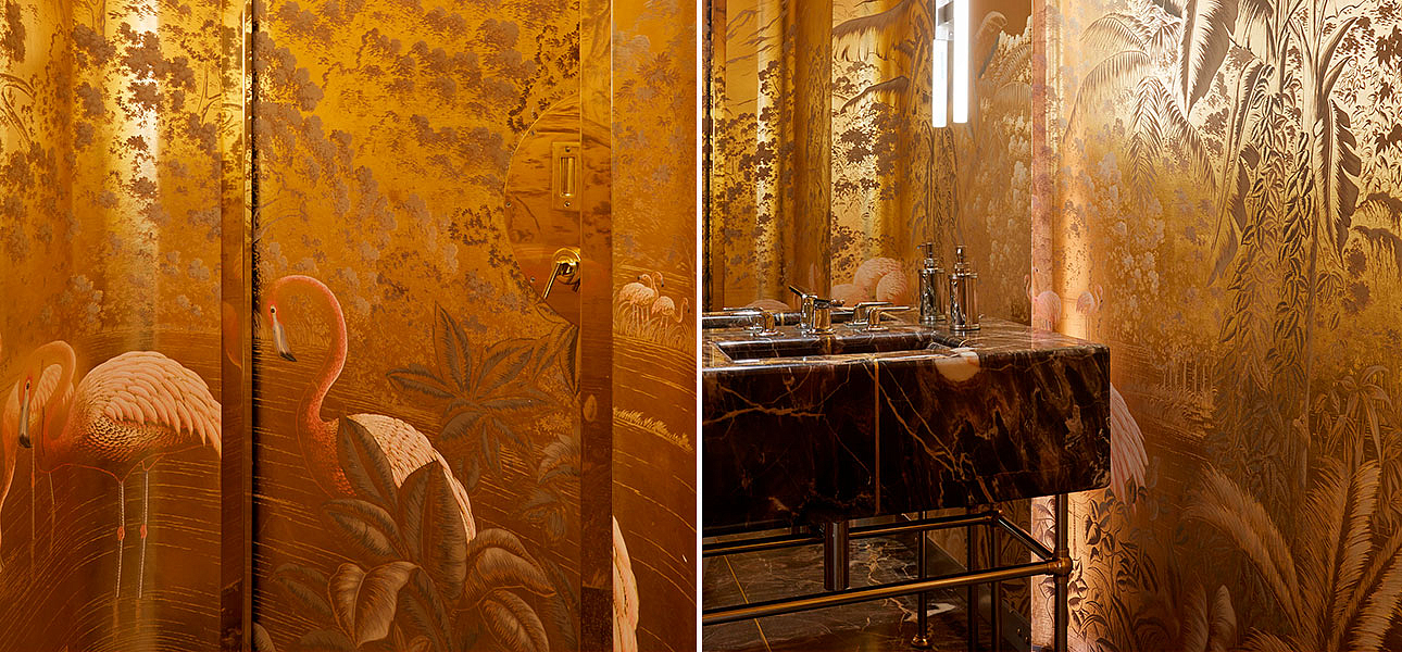 Обои ручная роспись Flamingos Flamingo on Deep Rich Gold gilded paper Обои ручная роспись Flamingos Flamingo on Deep Rich Gold gilded paper - Loft-Concept в Кирове