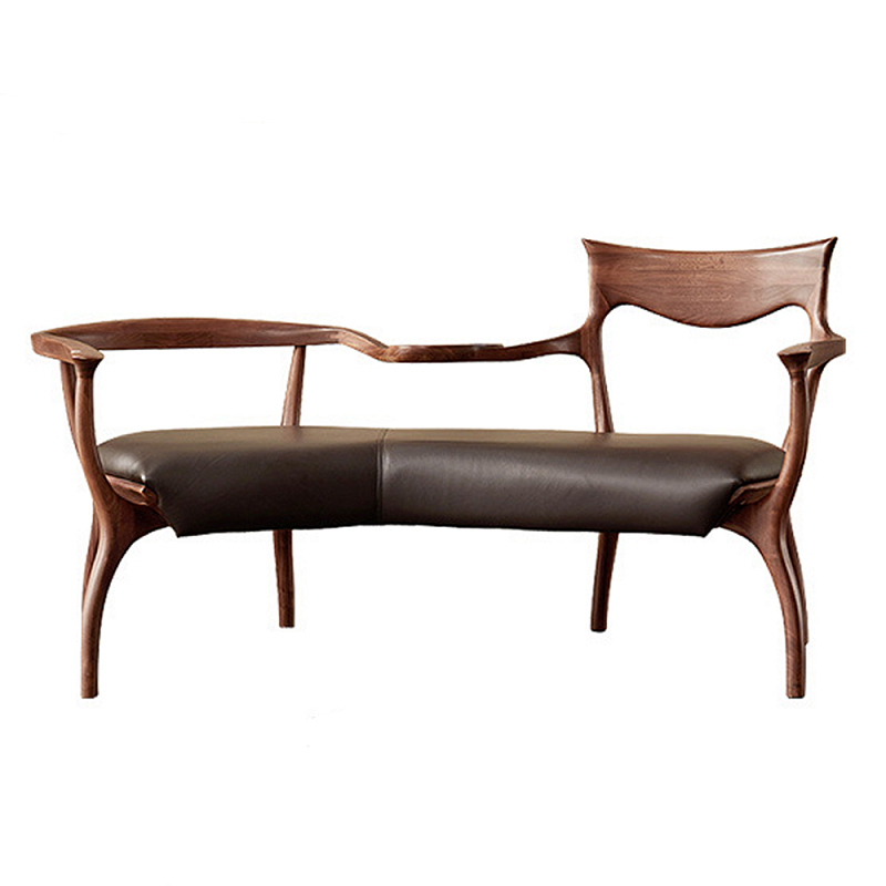 Кушетка с деревянным каркасом и сиденьем из коричневой натуральной кожи Moon Walnut Furniture Коричневый Орех Кушетка с деревянным каркасом и сиденьем из коричневой натуральной кожи Moon Walnut Furniture Коричневый Орех в Кирове | Loft Concept